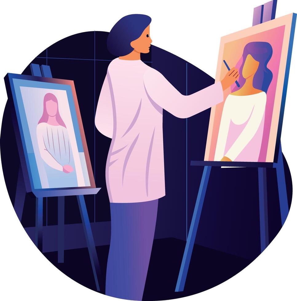 A flat illustration depicting ar artist painting on canvas vector
