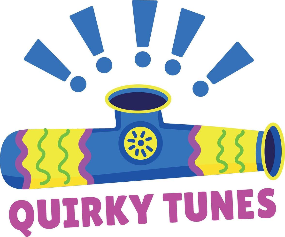A flat style sticker of musical instrument with quirky tunes typography vector