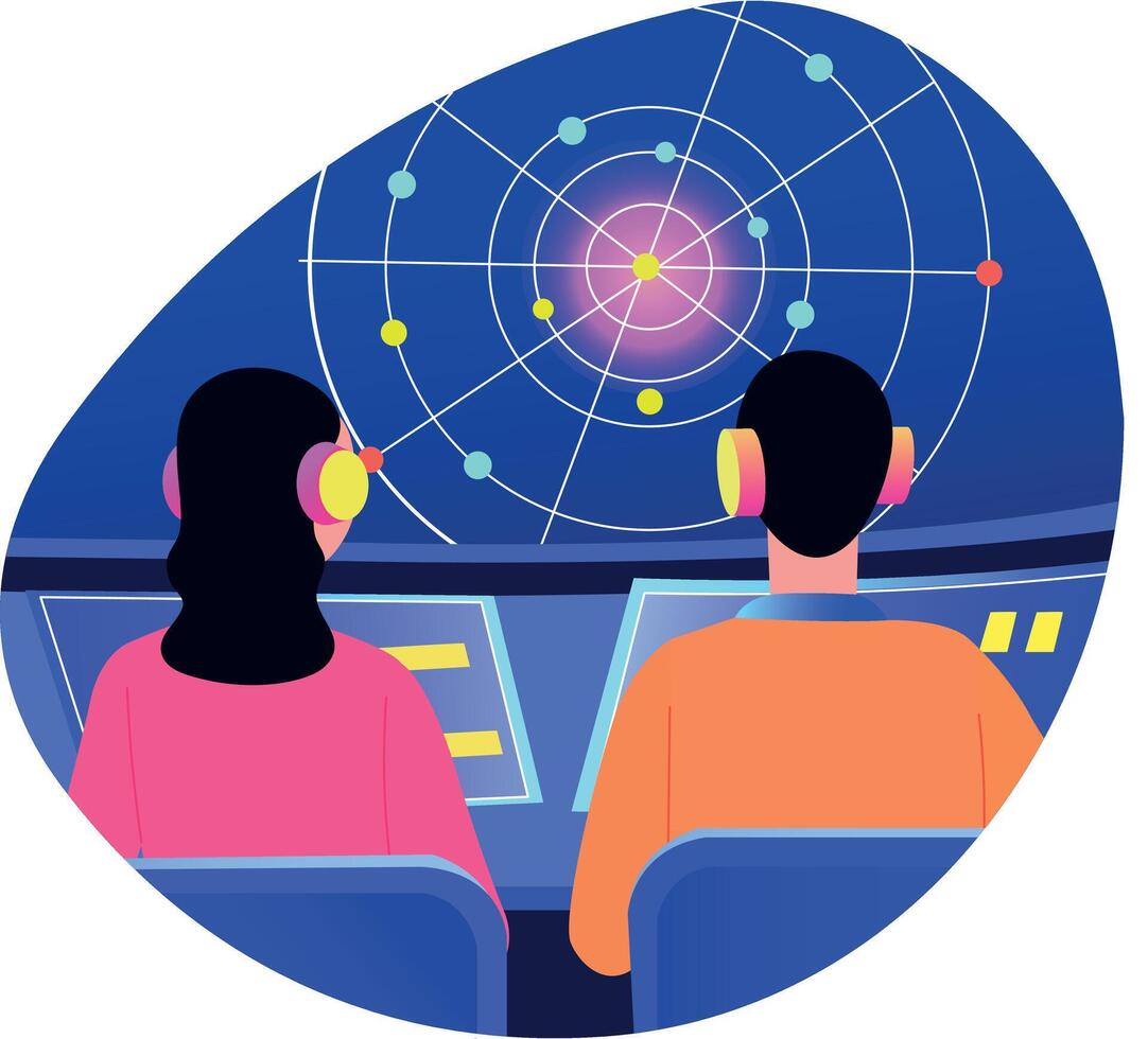 A flat style illustration of two character monitoring atomic collision vector