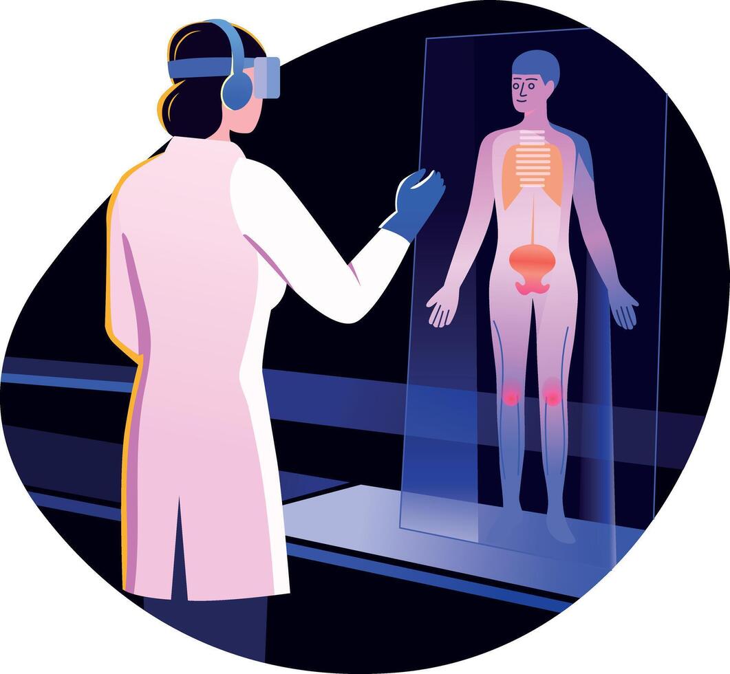 Ar doctor checking patient anatomy hologram, flat illustration vector