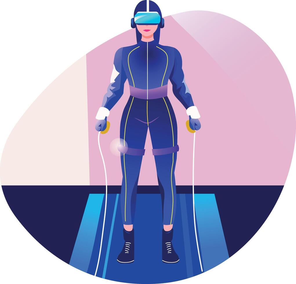 Flat illustration of person on treadmill doing vr workout vector