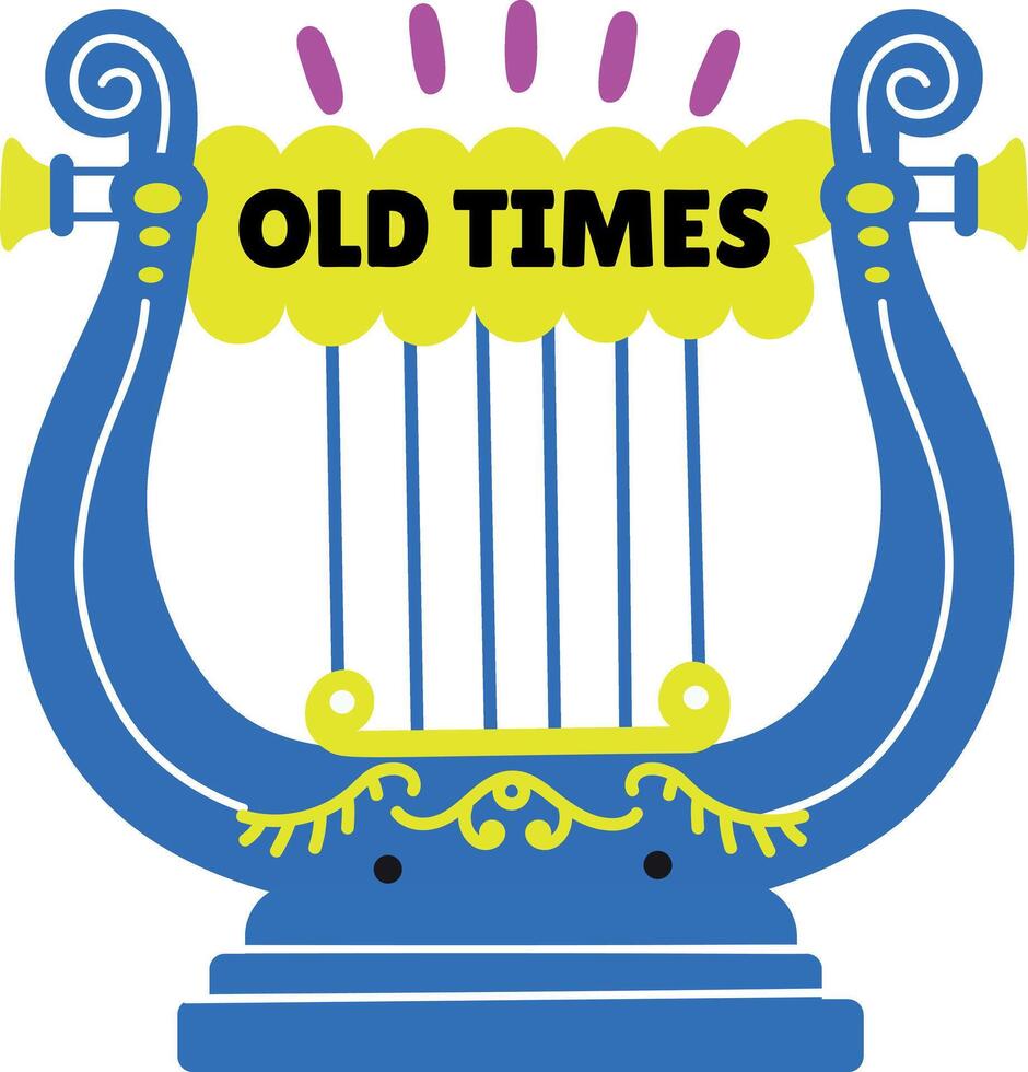 A flat style sticker of lyre with old times typography vector