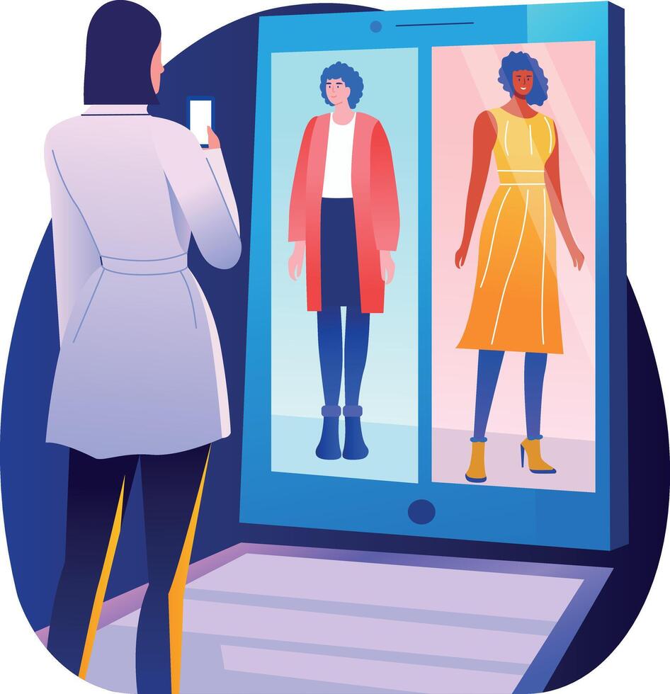 A flat illustration of person interacting with ar fashion kiosk vector