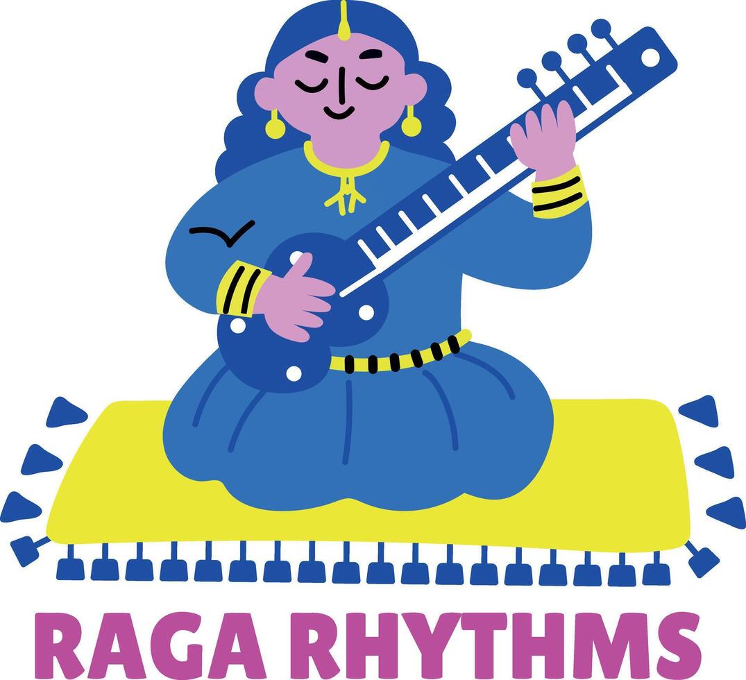 A flat style sticker of sitar player with raga rhythms typography vector