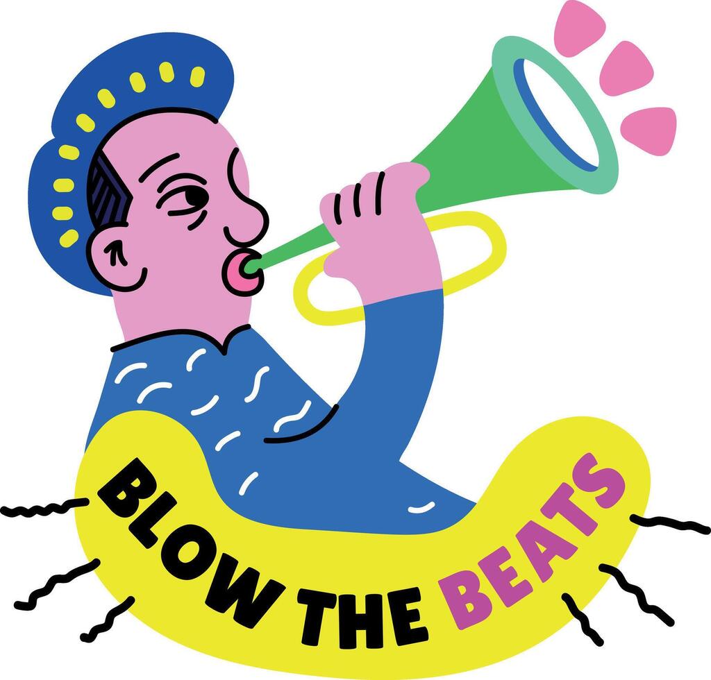 A flat style sticker of trumpet player with blow the beats typography vector