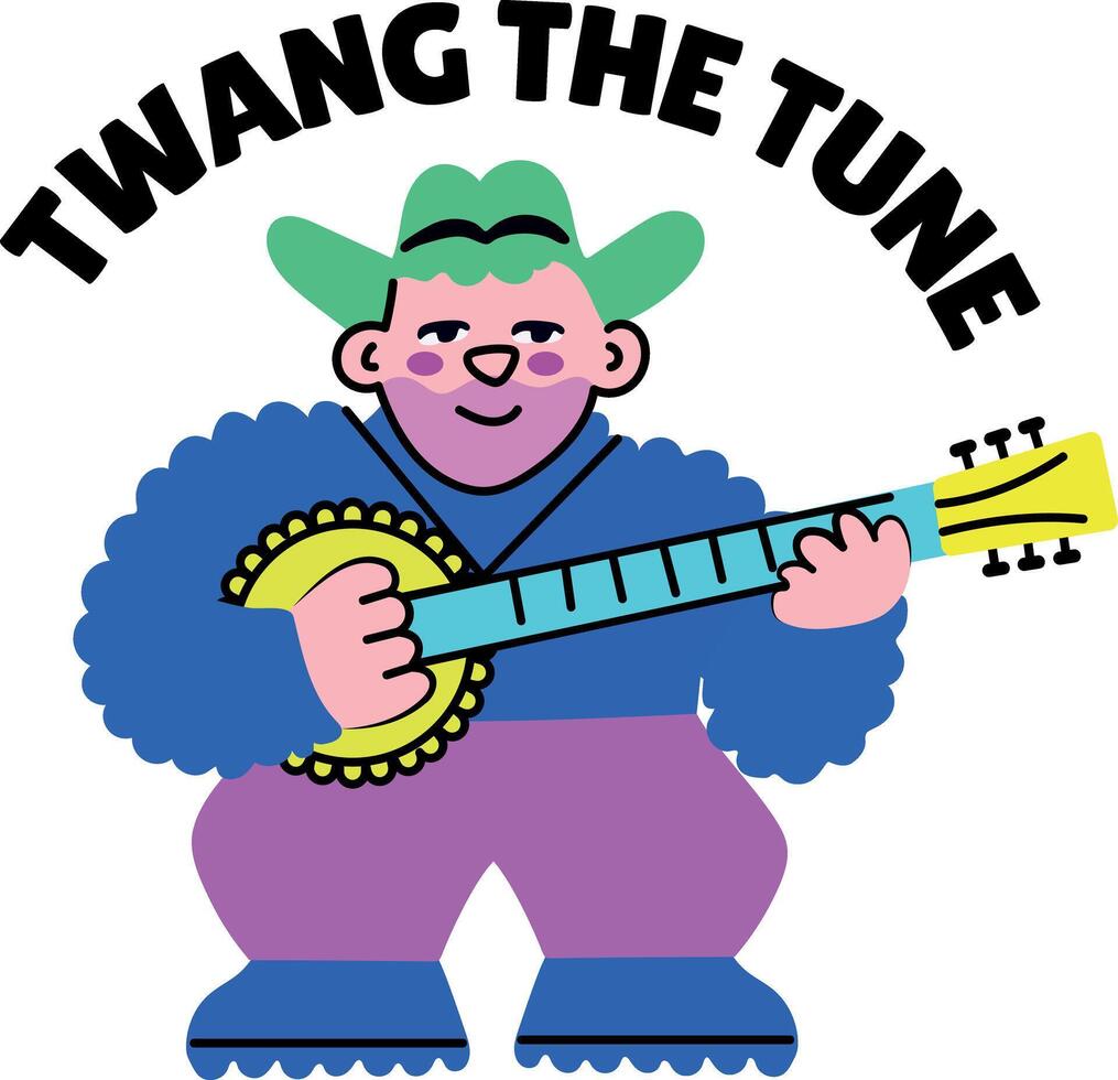 A flat style sticker of banjo player with twang the tune typography vector