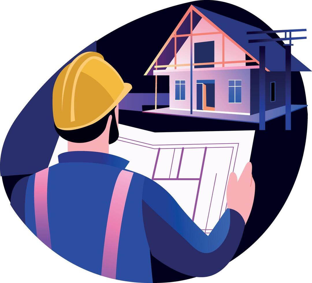 Home builder checking architectural plan, flat illustration vector