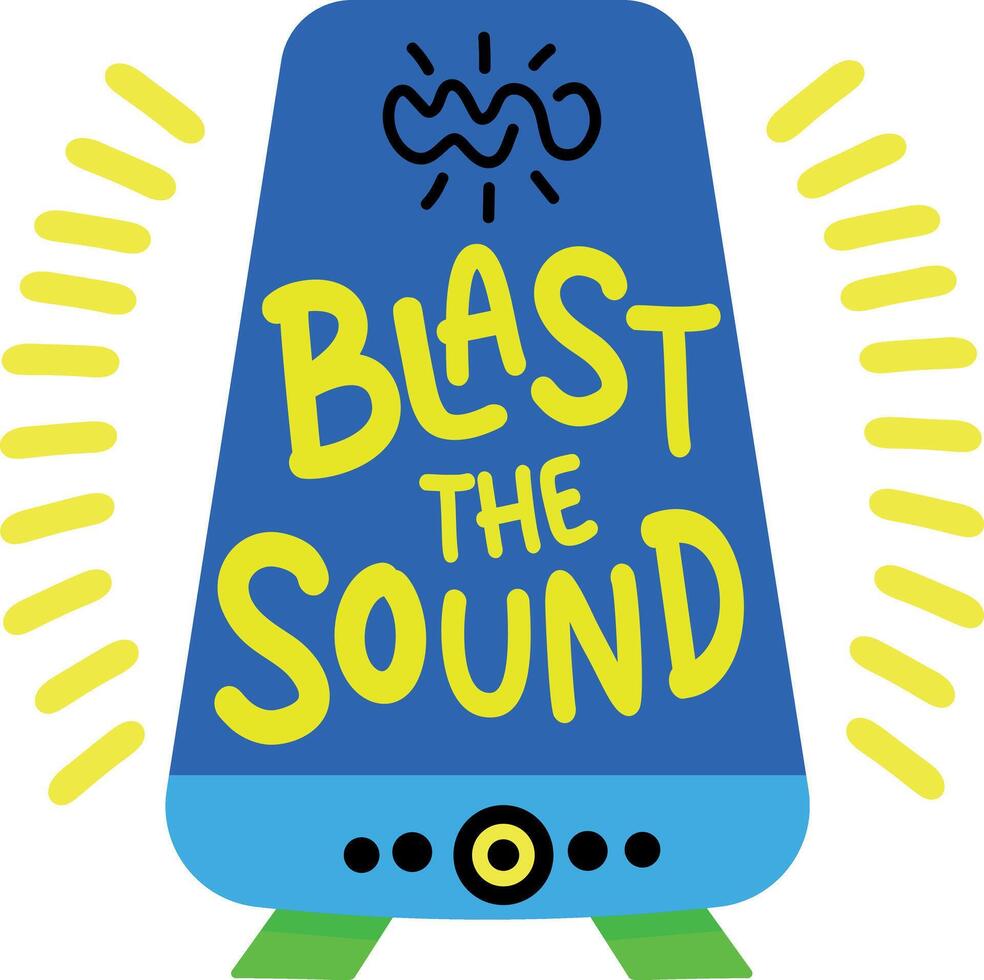 A flat style sticker of portable speaker with blast the sound typography vector