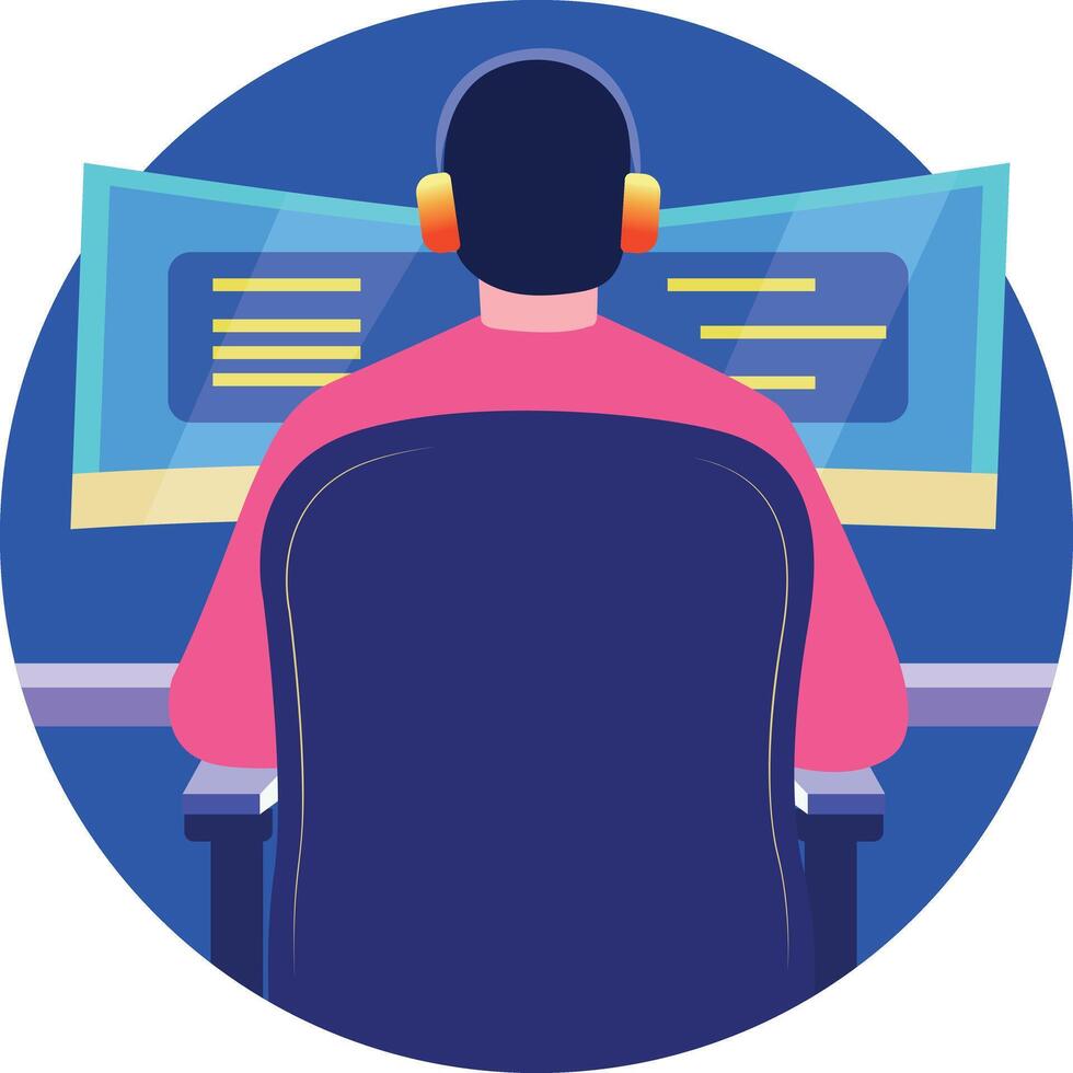 A flat style illustration of developer character sitting in front of system screen vector