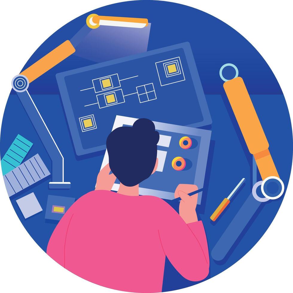 A flat style illustration of a character doing prototyping vector