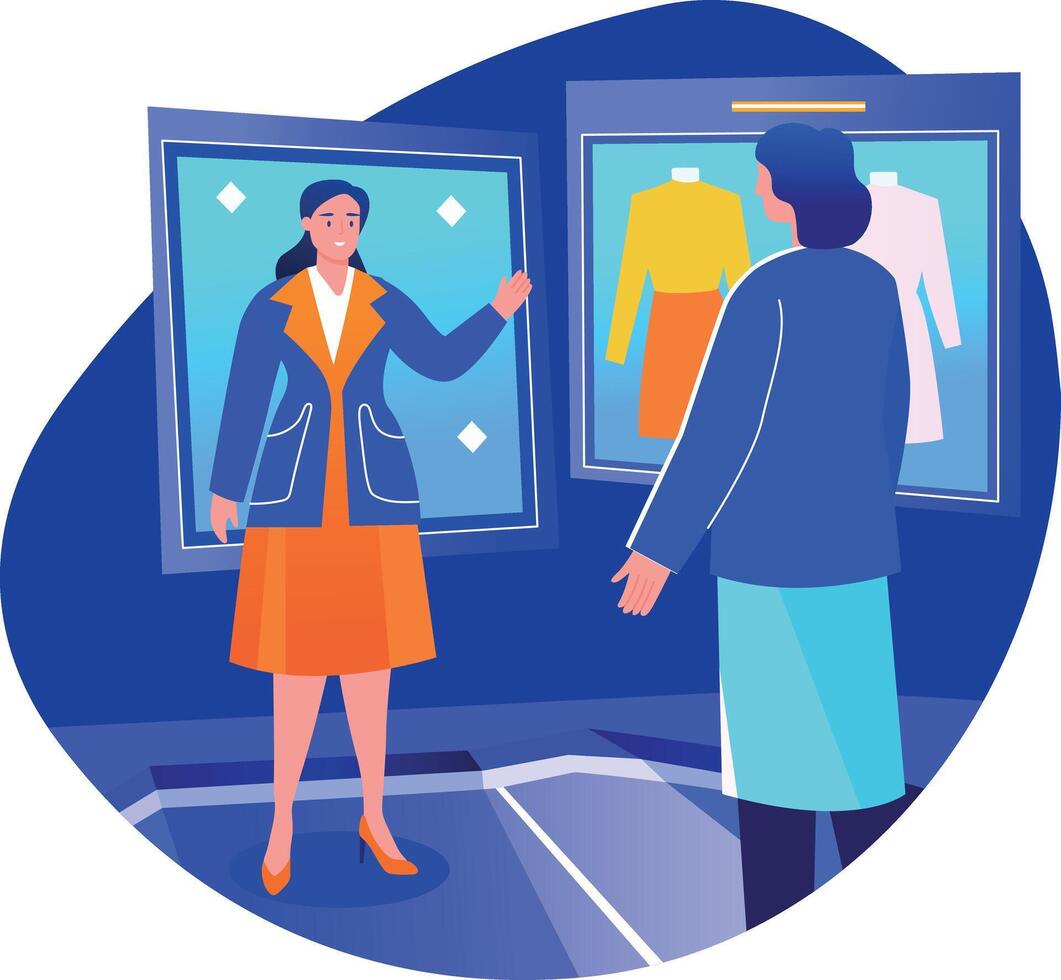 Flat illustration of woman doing dress up using virtual fashion technology vector