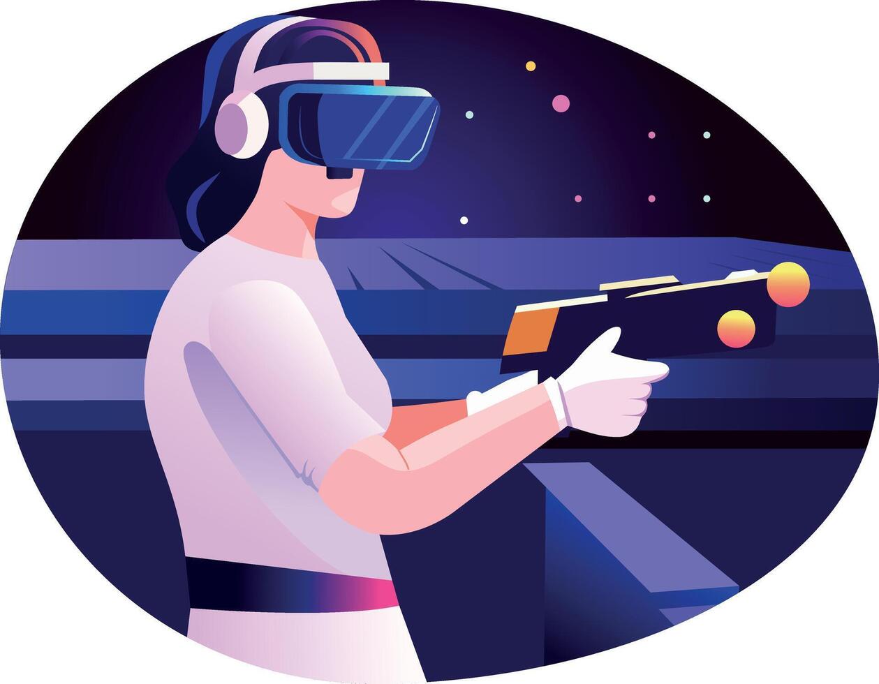 Virtual gaming character holding a blaster gun, flat illustration vector