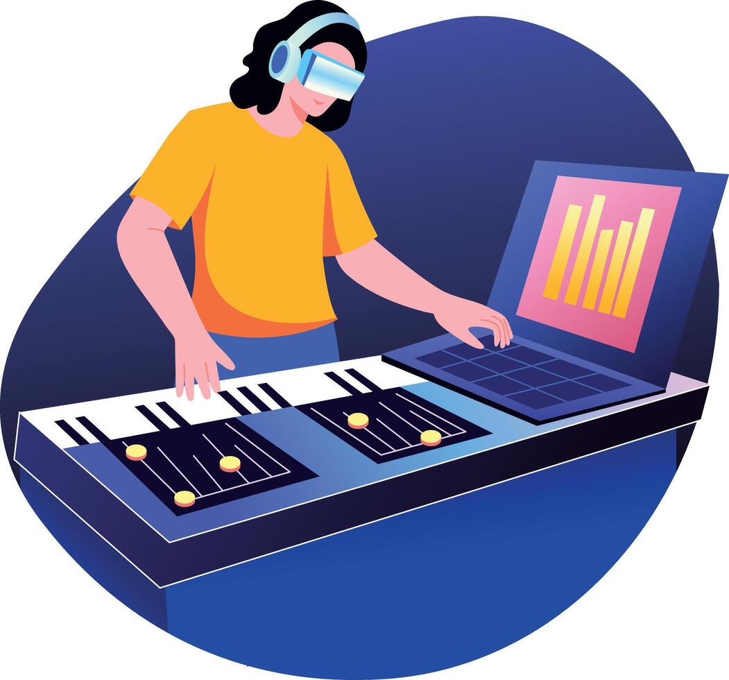 Music creation character wearing vr glasses, flat style illustration vector