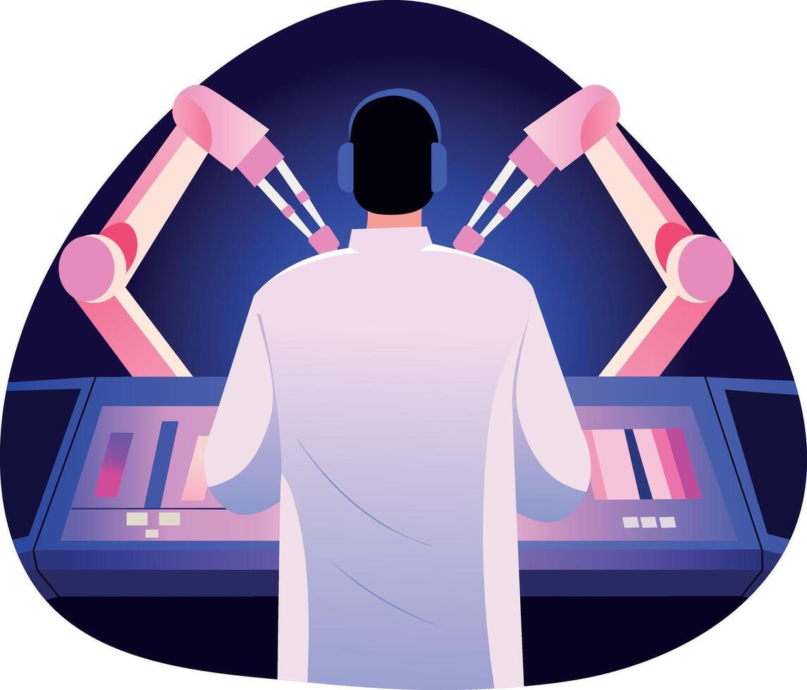 A flat style illustration of a doctor taking help from ar surgery robots vector