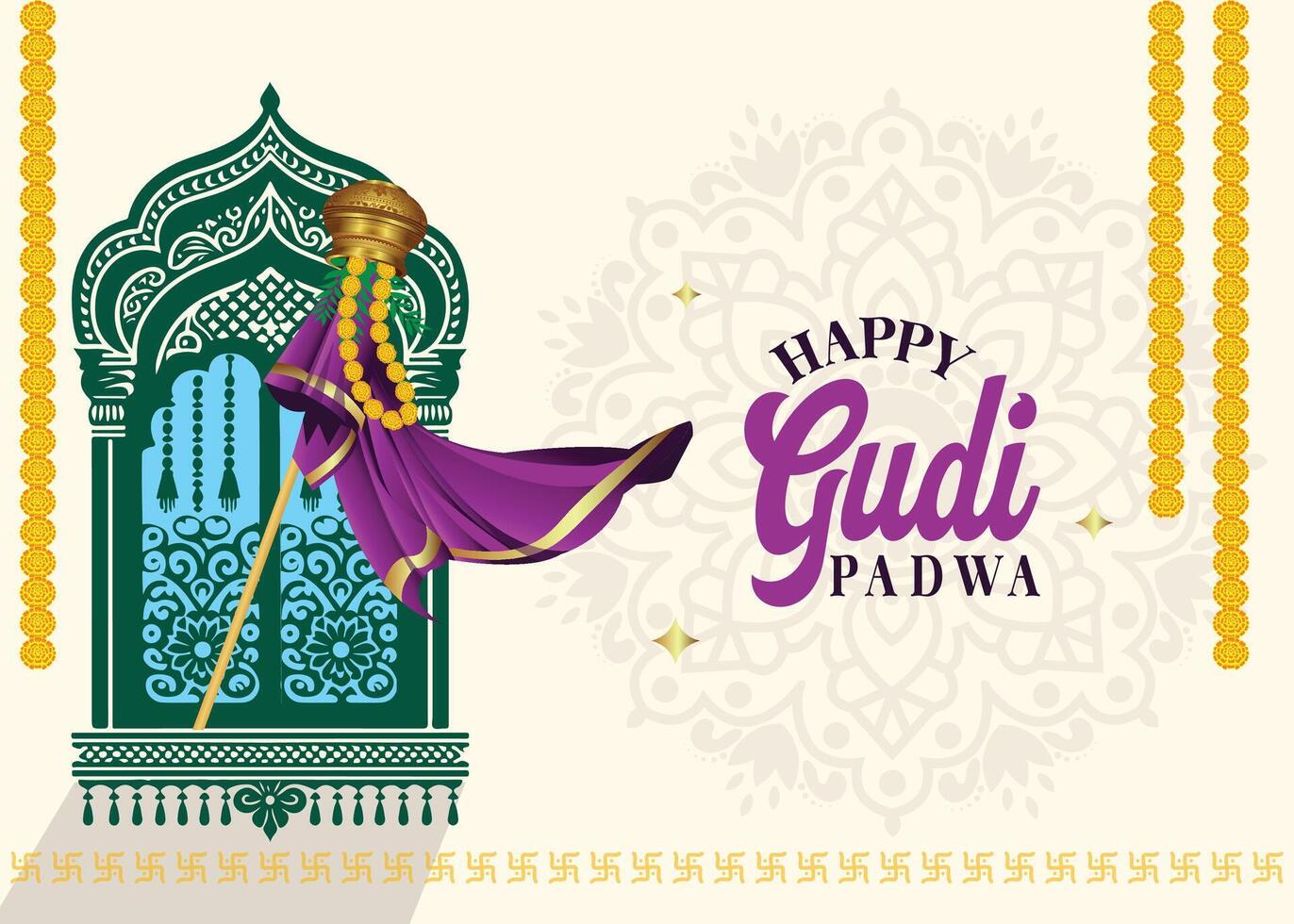 Happy Gudi Padwa. A festive abstract illustration featuring decorative typography, a traditional kalash, sweets, and a vibrant garland on an intricately designed mandala background of India. vector