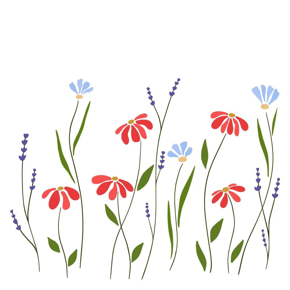 Simple flowers and leaves. Spring and summer background with small flower. Botanical illustration minimal style. vector