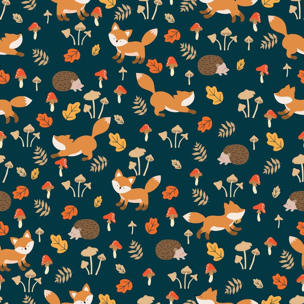 Seamless pattern with cute foxes and hedgehogs, mushrooms abd leaves. Children's pattern for clothes. vector