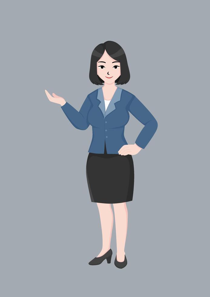 business woman in a suit and skirt, holding up a hand vector