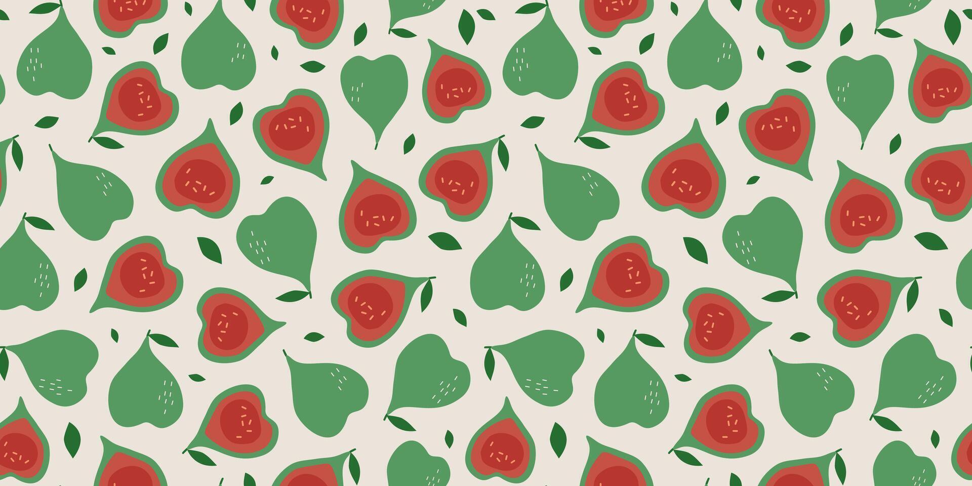 Fig, abstract fruits and leaves. Seamless pattern. Vitamin natural food, slices and whole fruits. Color flat illustration. vector