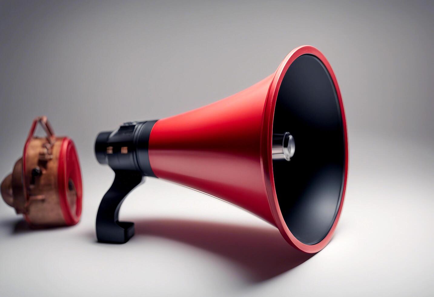 red megaphone background olated white bullhorn object speaker loud broadcasting music concept alert hand advertisement speak isolated electric nobody audible mega power proclaim sound photo