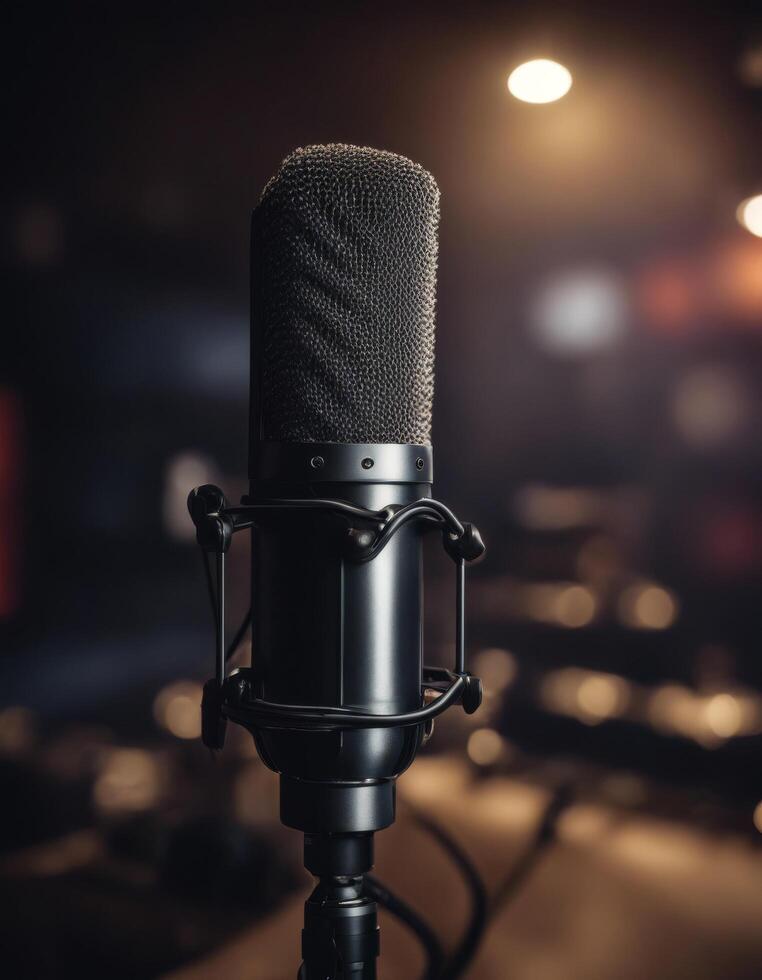 microphone dark recording sound copy banner space studio mic music audio background black equipment podcast sing racked photo