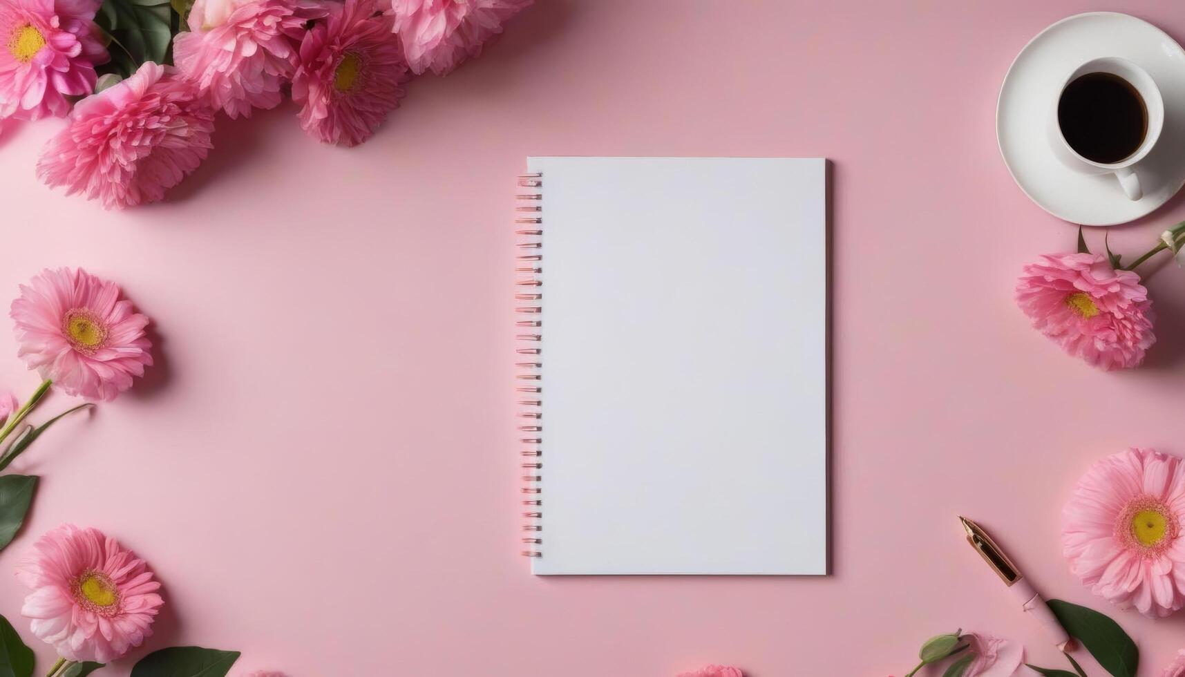 feminine mockup pen clean clipboard flowers book blossom et flat beauty papers background business lay style notepad tone space desk copy blank workspace text pink photo