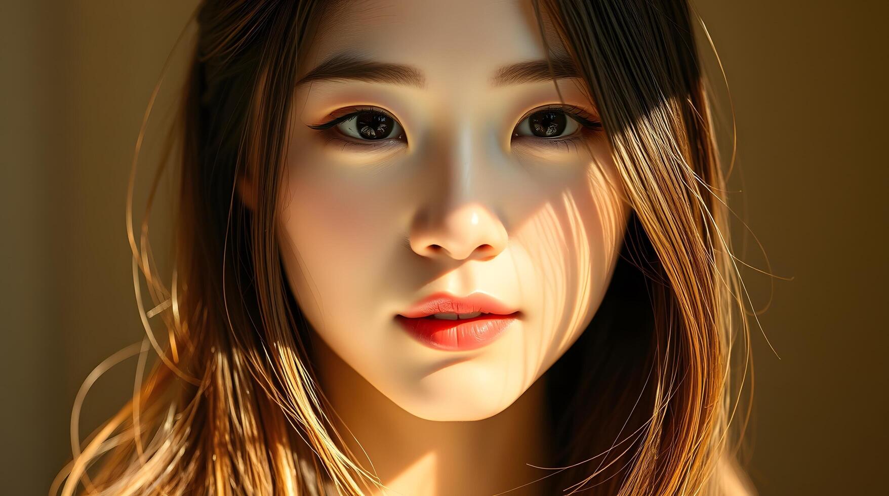Sunlit Woman Portrait Soft Lighting Brown Hair Red Lips photo