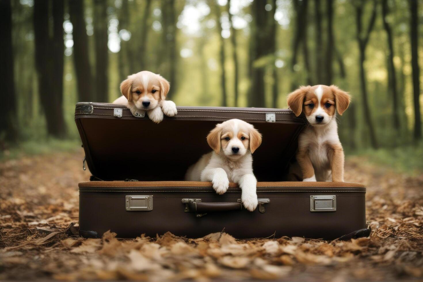 Two puppies suitcase cute brothers breed pedigree puppy dog small adorable mammal sightseeing obedient voyage friends animal canino studio photo