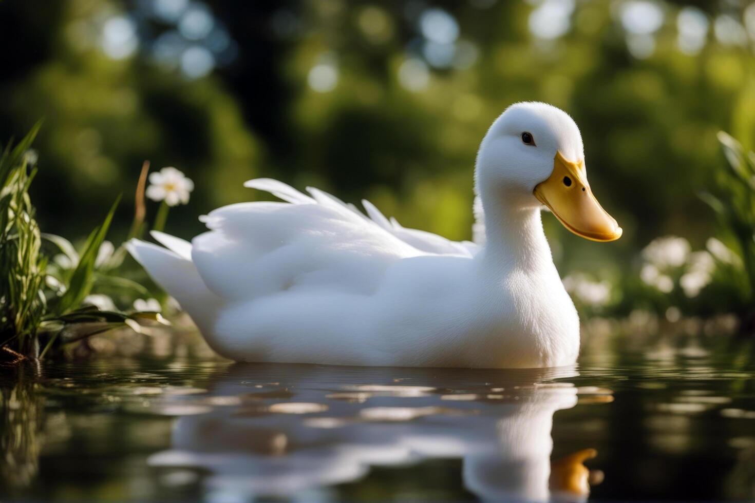 lake bokeh White stand next background duck pond farm beautiful elegant ornithology animal feather park pet domestic rural neck cackle life curious country photo