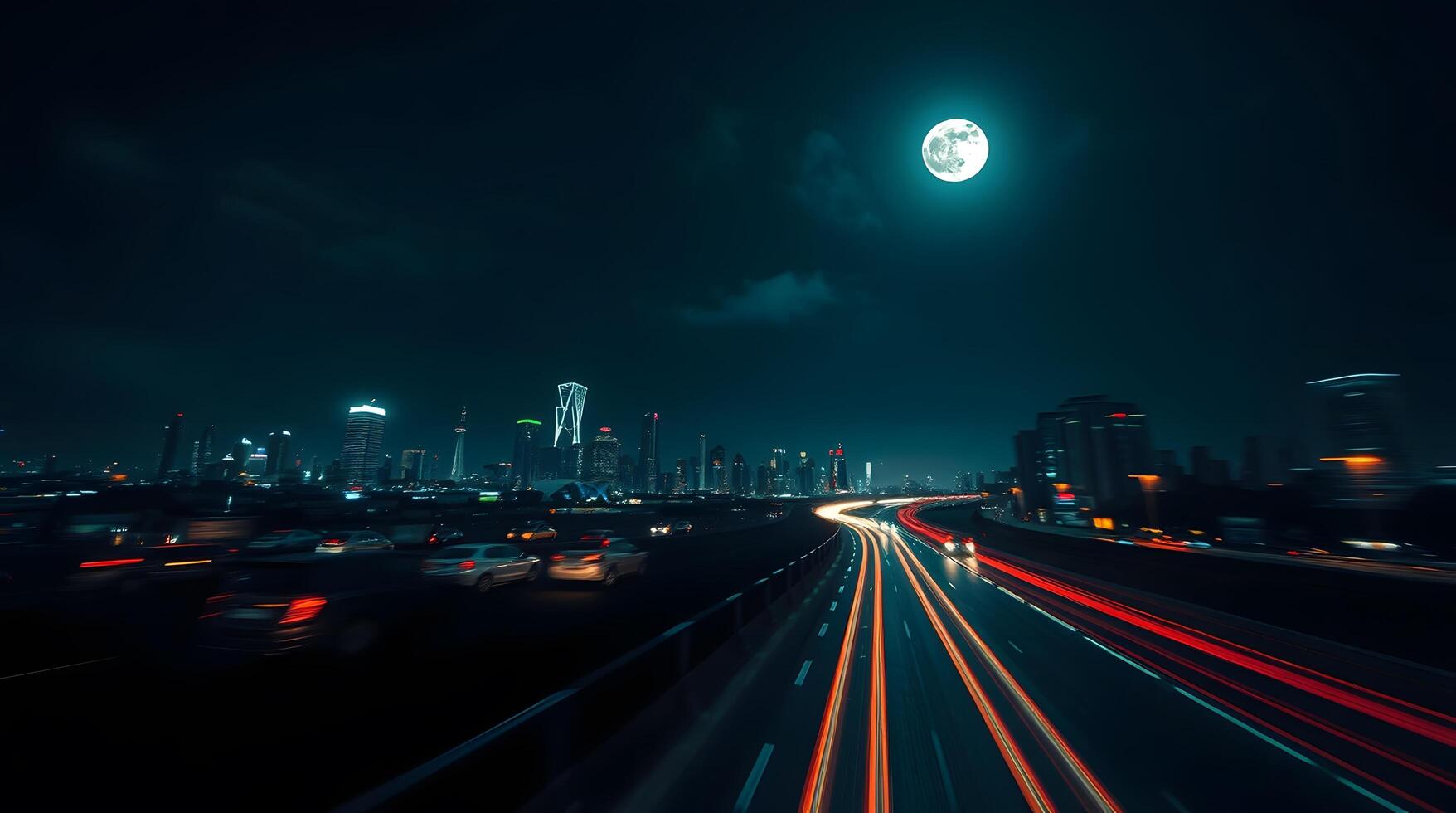 Night Cityscape View with Light Trails and a Bright Full Moon photo