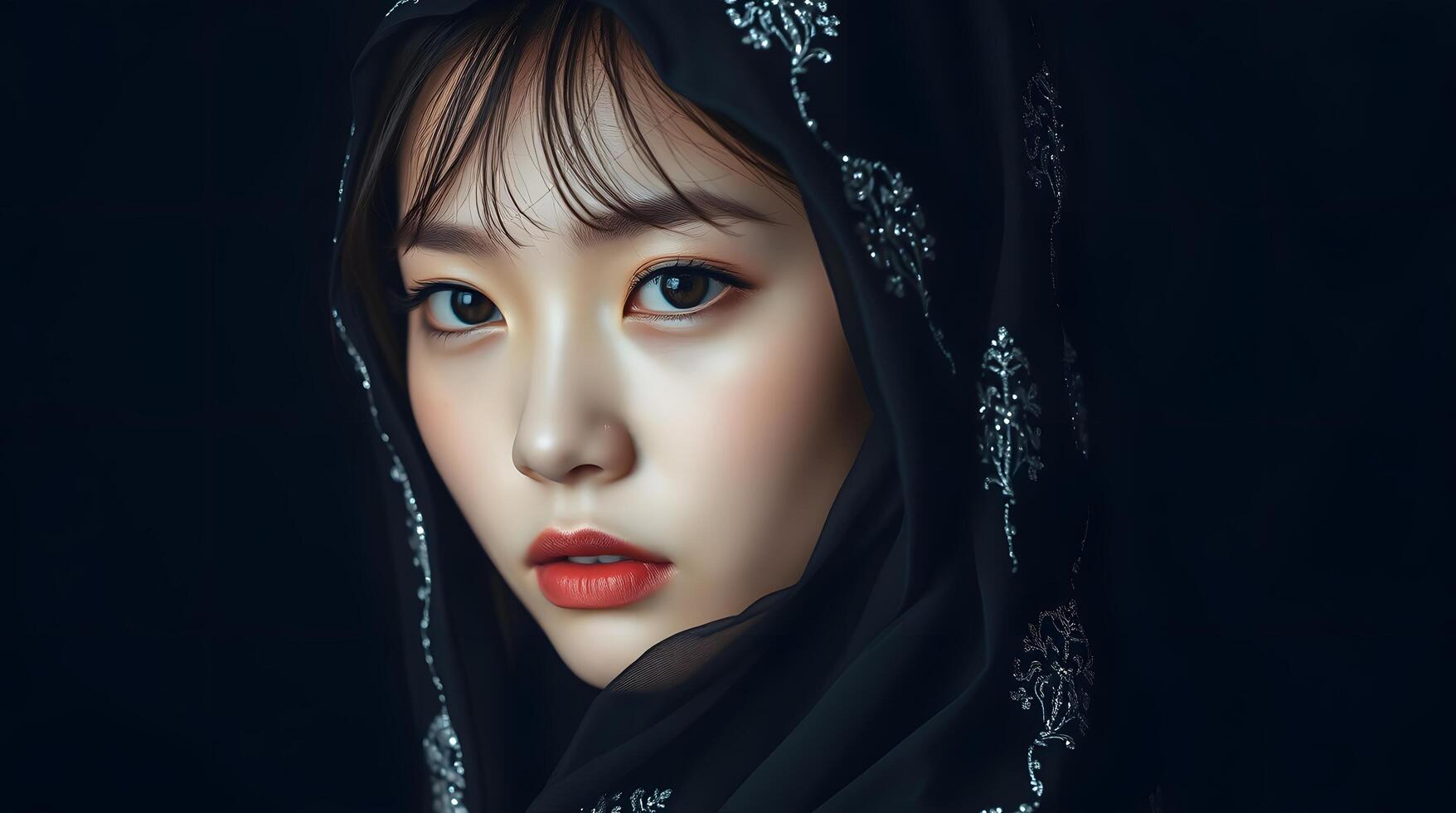 Mysterious Woman in Embroidered Black Veil. A Dramatic Portrait photo