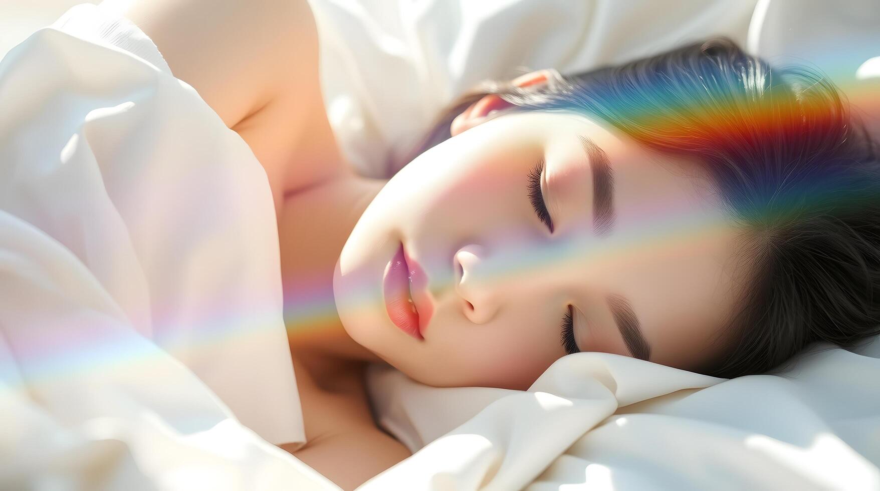 Serene Woman Sleeping Soft White Sheets Rainbow Glow photo