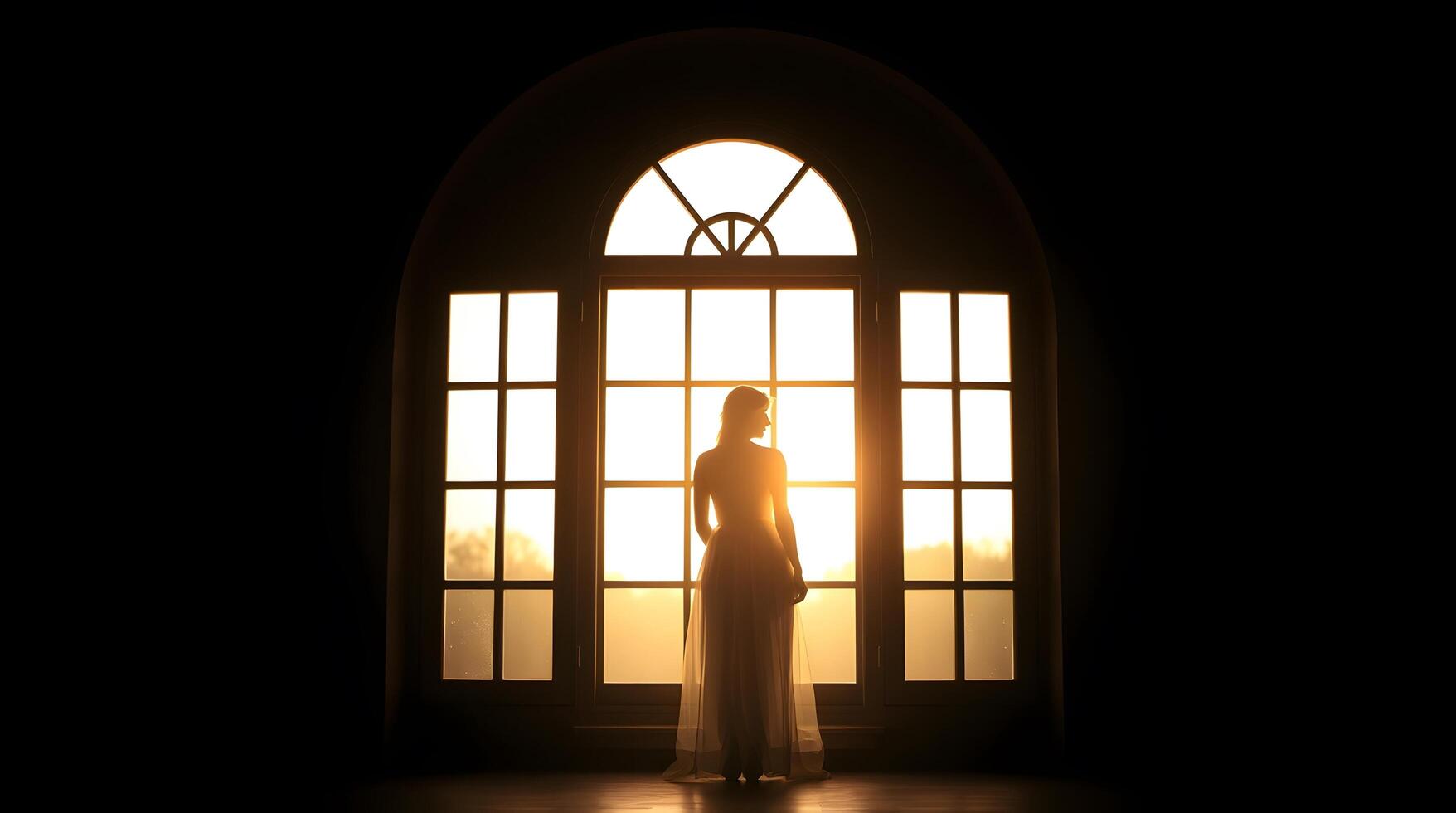Woman Silhouette in Front of a Large Window with Golden Light photo