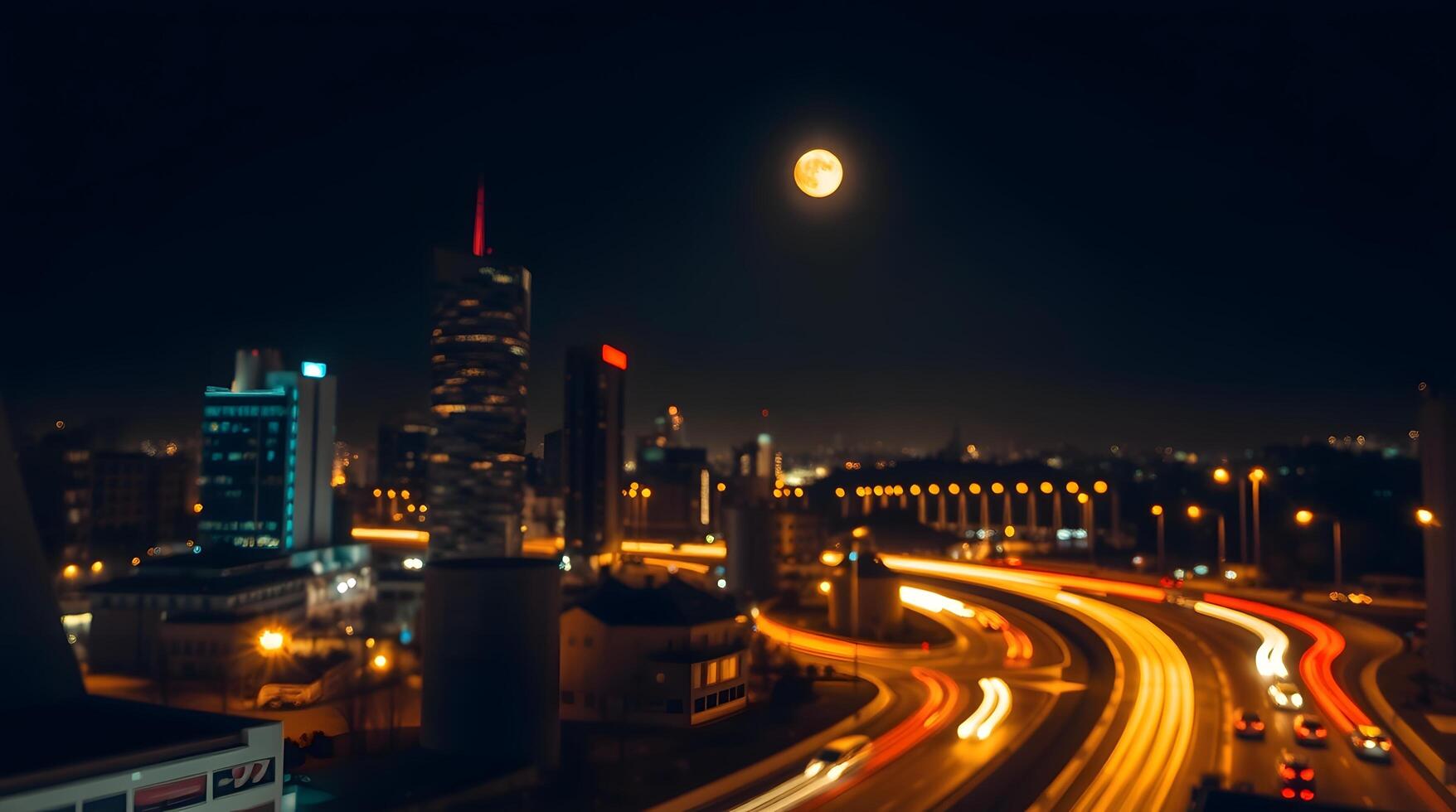 City Skyline at Night with Long Exposure Traffic and Moon photo