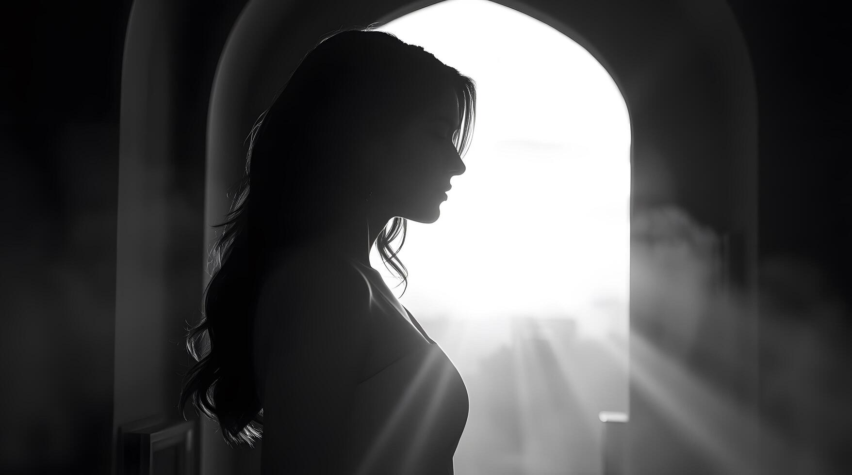 Silhouette of Woman Standing in Archway with Bright Light in Black and White photo