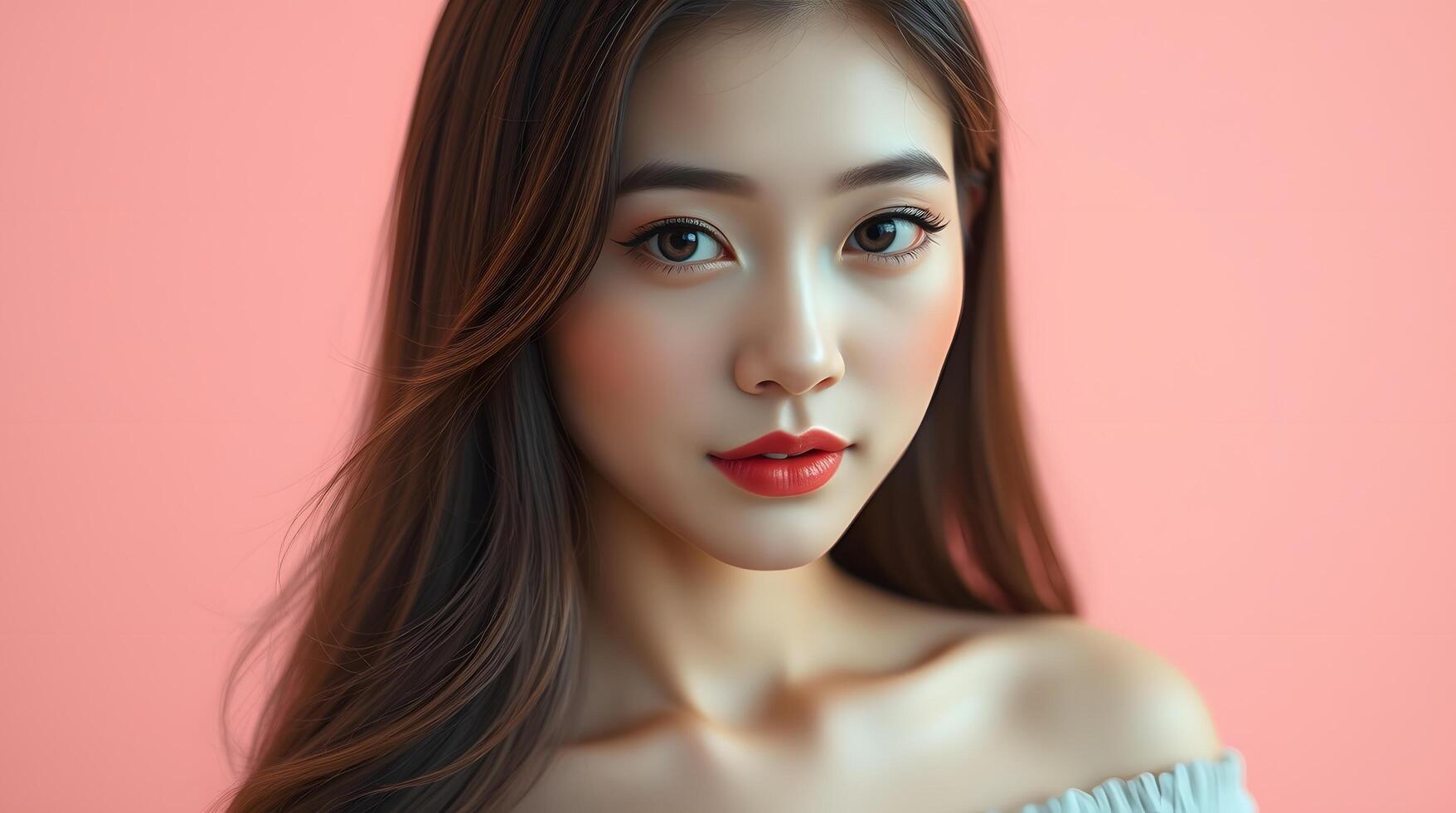 Elegant Woman Portrait. Soft Lighting, Coral Lips, and a Gentle Gaze photo