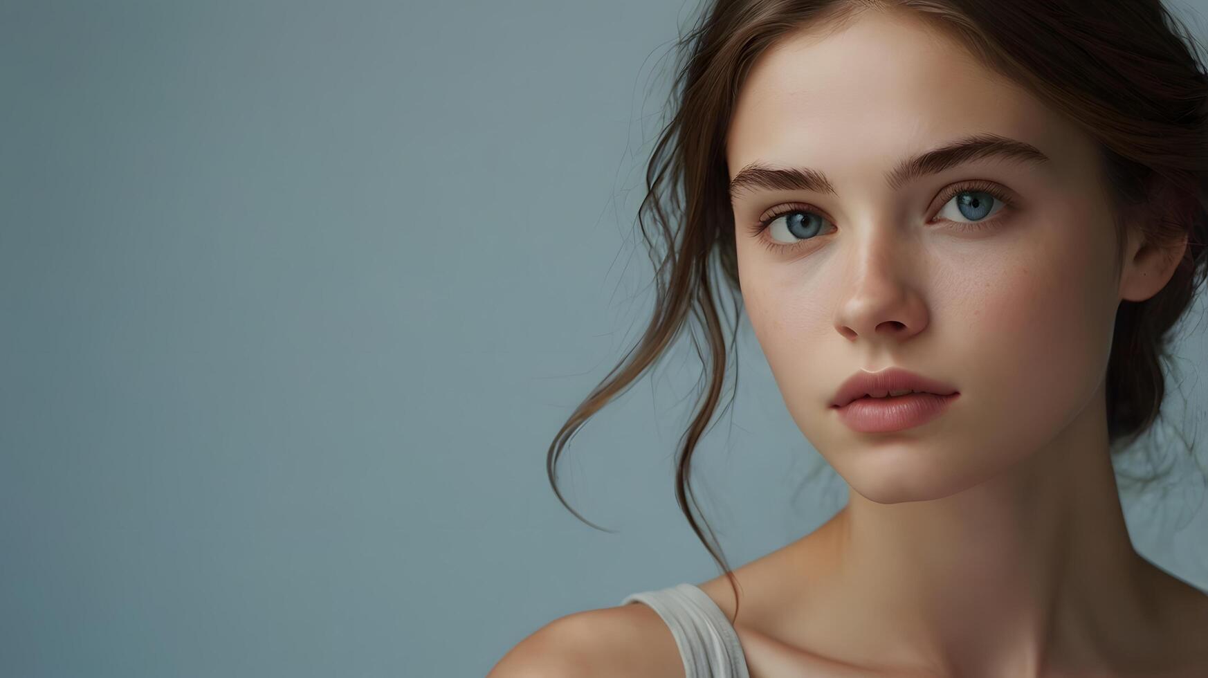 Serene Beauty. A Portrait of a Young Woman with Soft Lighting and Subtle Makeup photo