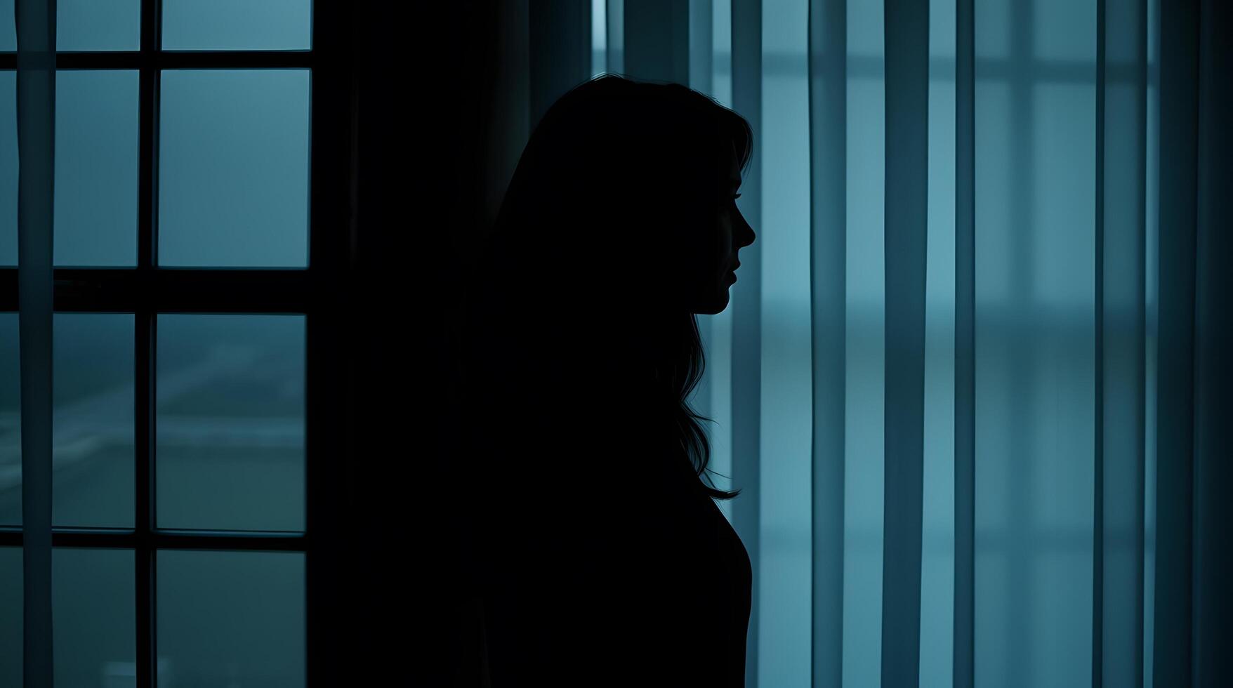 Silhouette of Woman Contemplating by Window with Evening Light photo