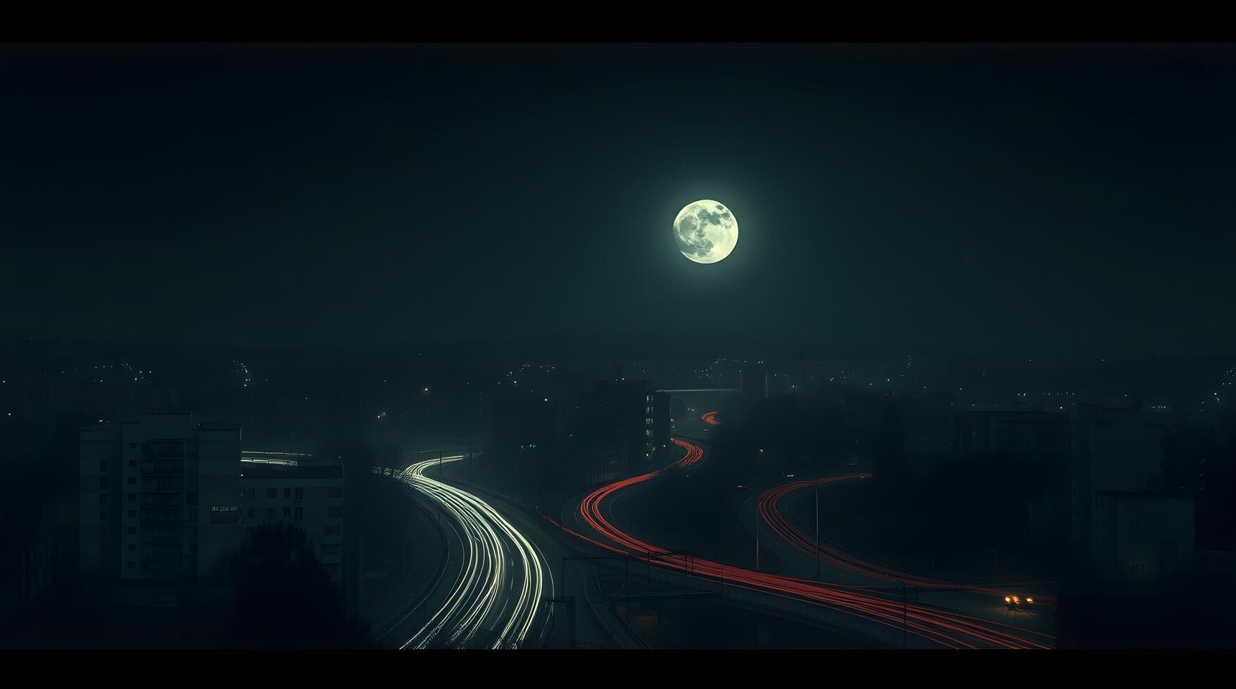 Full Moon Over City Skyline at Night with Car Light Trails photo