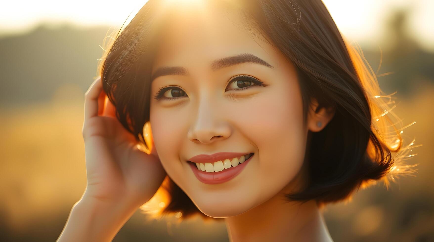Golden Hour Woman Smiling Short Hair Outdoor Portrait photo