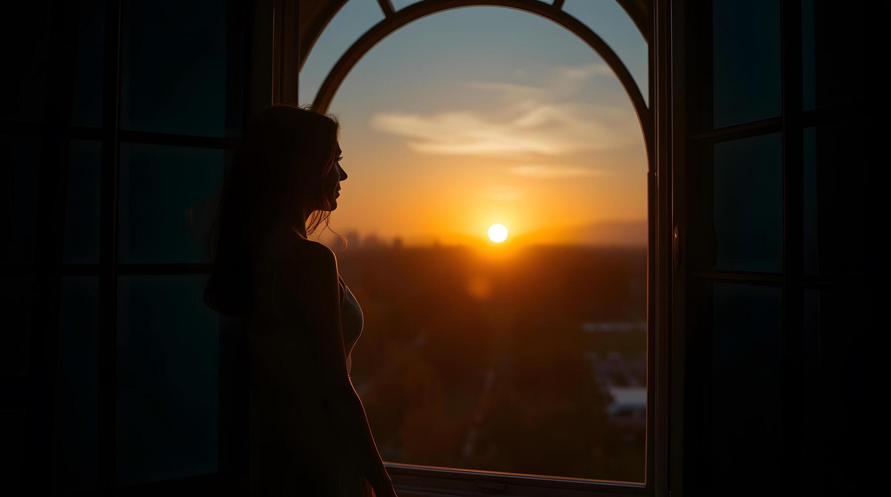 Woman Silhouette Watching Golden Sunset Through Arch Window in Serene Setting photo