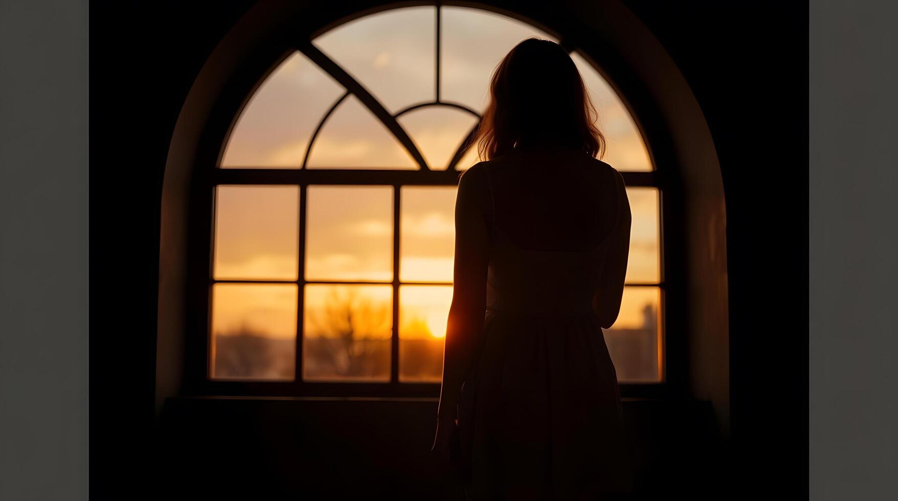 Woman Silhouette Looking at Sunset Through Arched Window in Warm Light photo