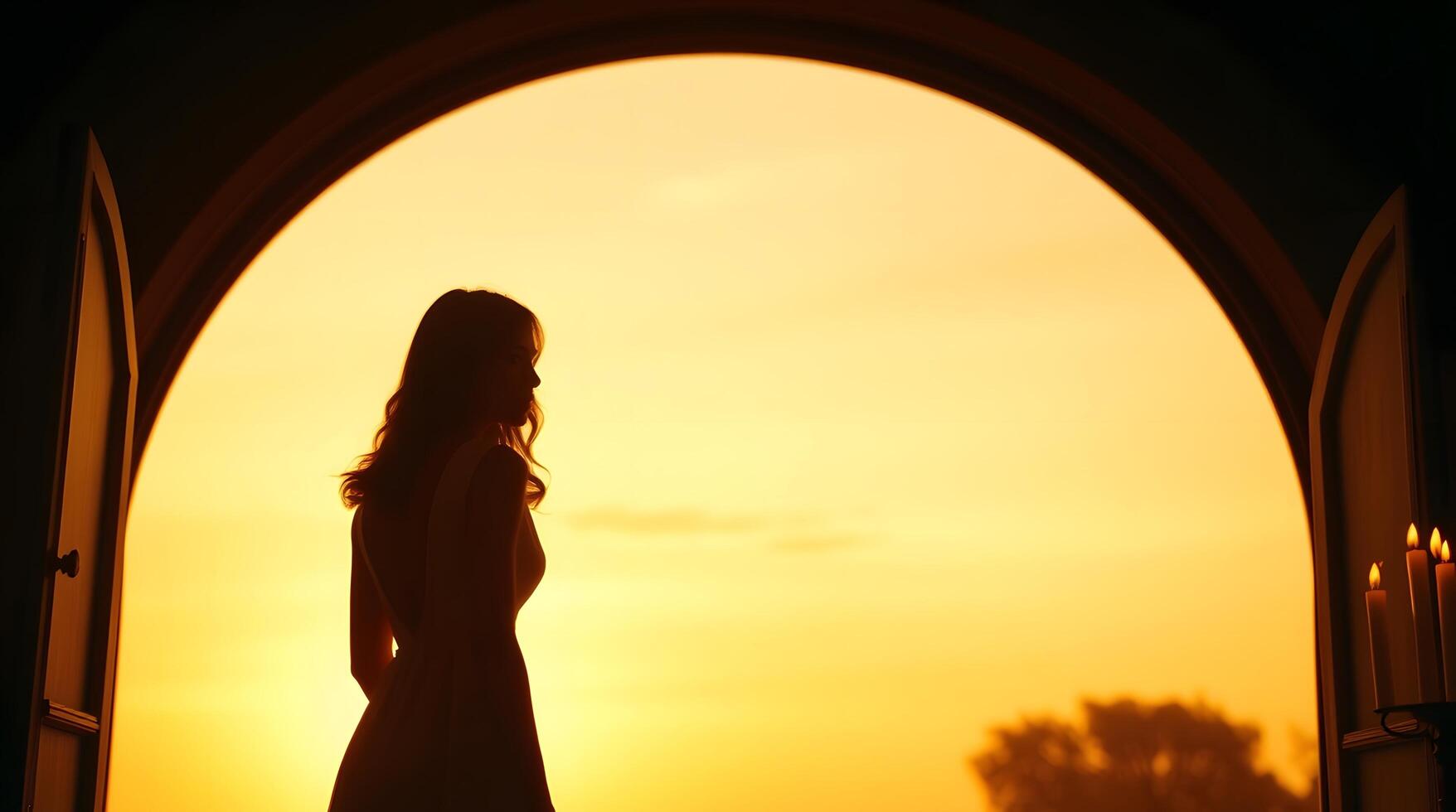 Woman Silhouette at Doorway Gazing at Sunset with Warm Light photo