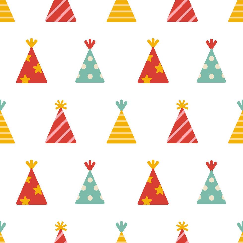 party hats seamless pattern. Cute party caps pattern on white background. Print with birthday party cones. vector