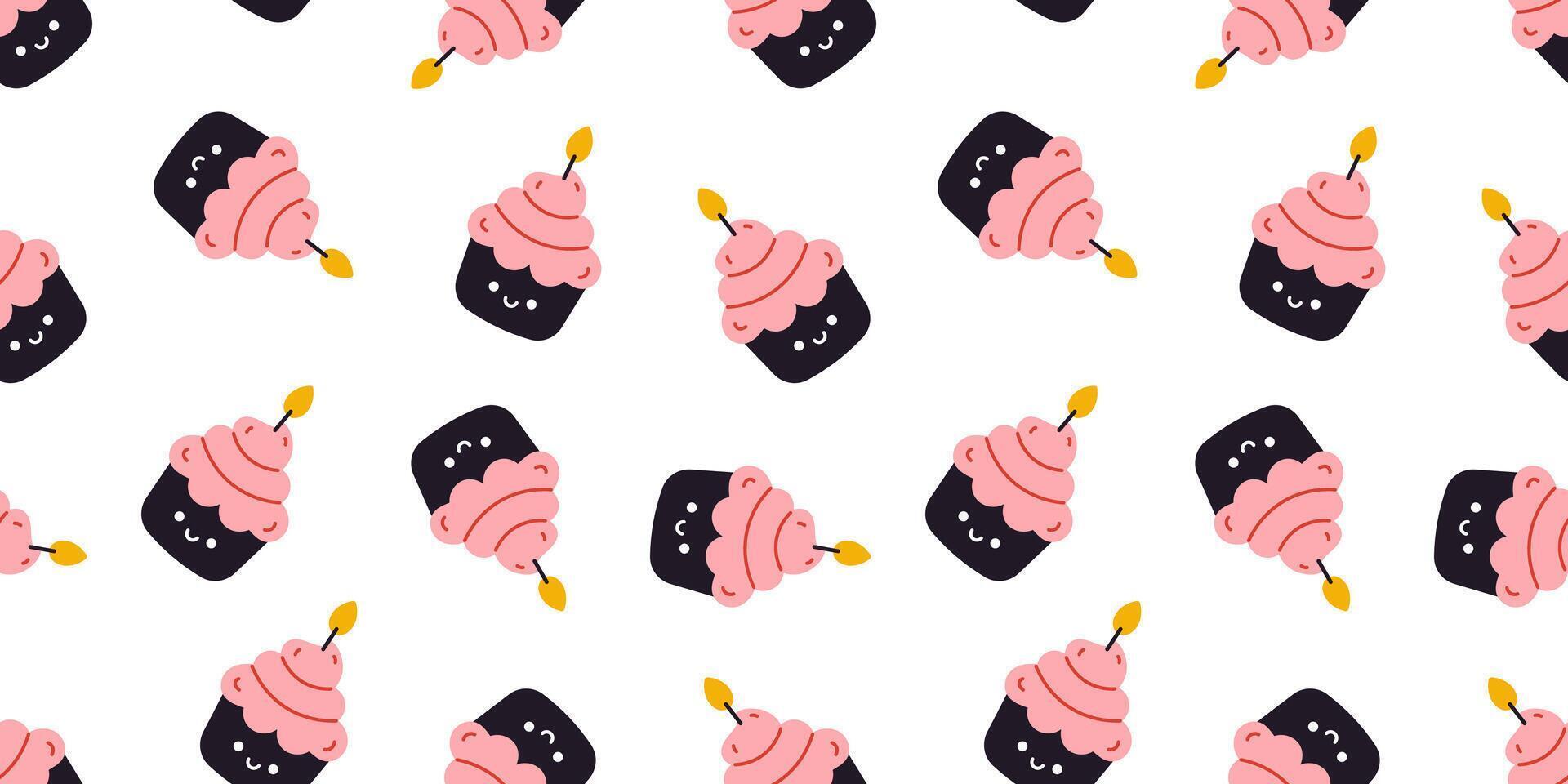 cute smiling birthday cake with candle seamless pattern. Childish celebration sweet food with face on white background. Festive modern cake seamless pattern. Birthday wrapping design. vector