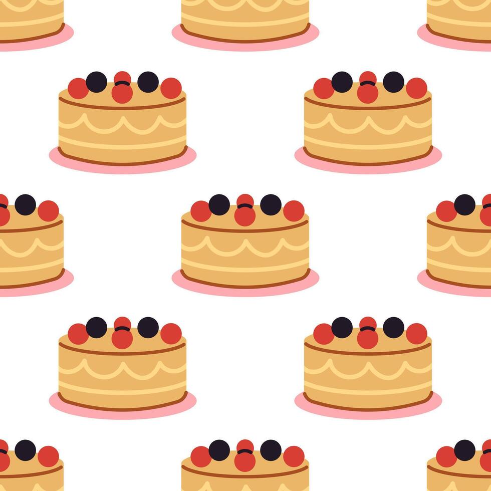 cute birthday seamless pattern with cake with berries. Festive celebration sweet food pattern on white background. Print with sweet cake. Bakery wrapping design. vector