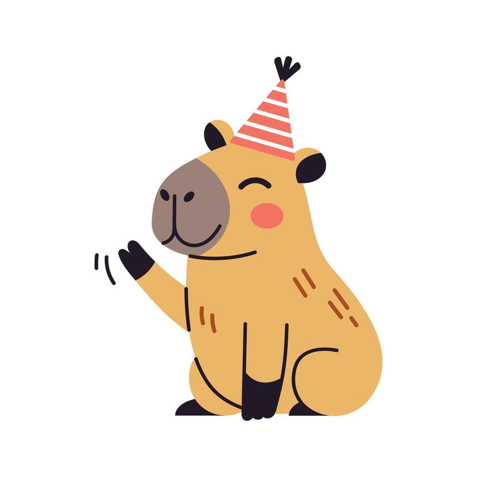 Happy cute capybara celebrating a birthday with gift. Funny cartoon capybara character, perfect for greeting cards and stickers. vector