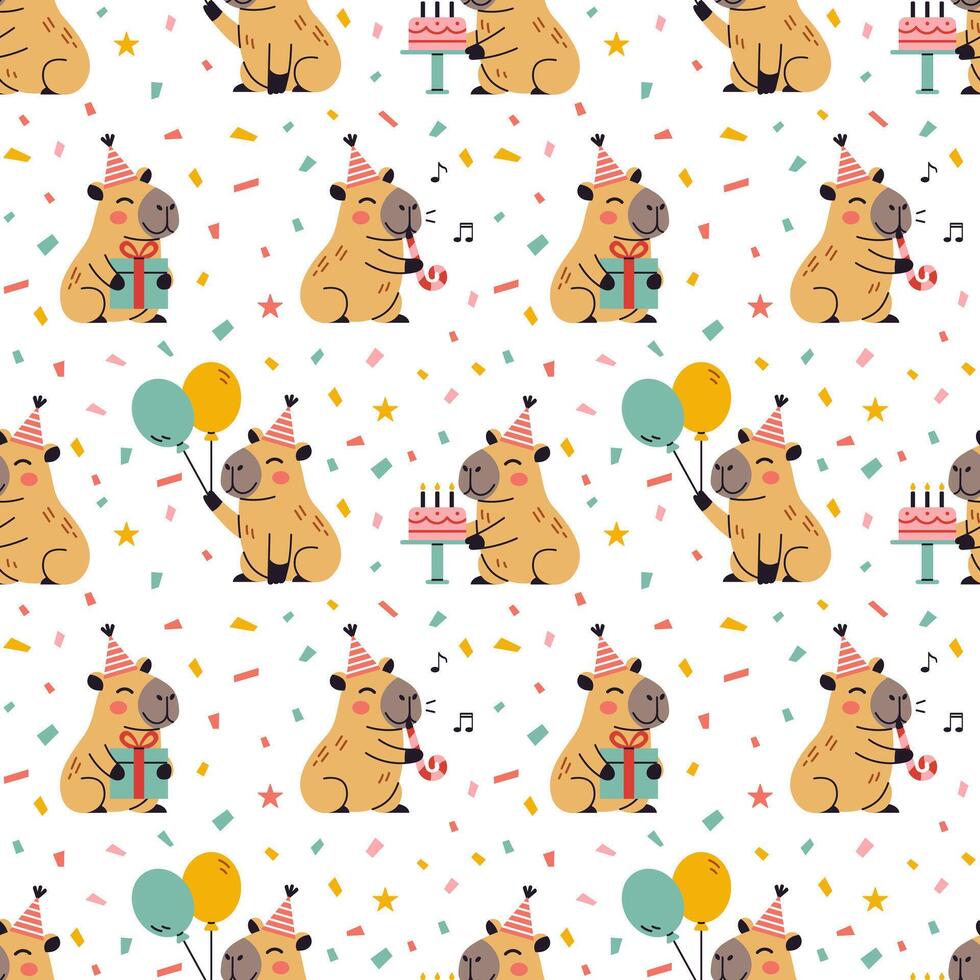 Happy birthday party seamless pattern with cute capybaras. print with funny amusing capybara characters celebrating birthday. Childish baby adorable animals pattern on white background. vector