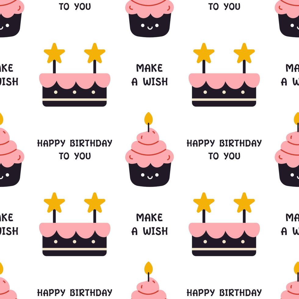 cute celebration seamless pattern with birthday cakes. Festive sweet food pattern on white background. Print with sweets, happy birthday and make a wish text. Celebration wrapping design. vector