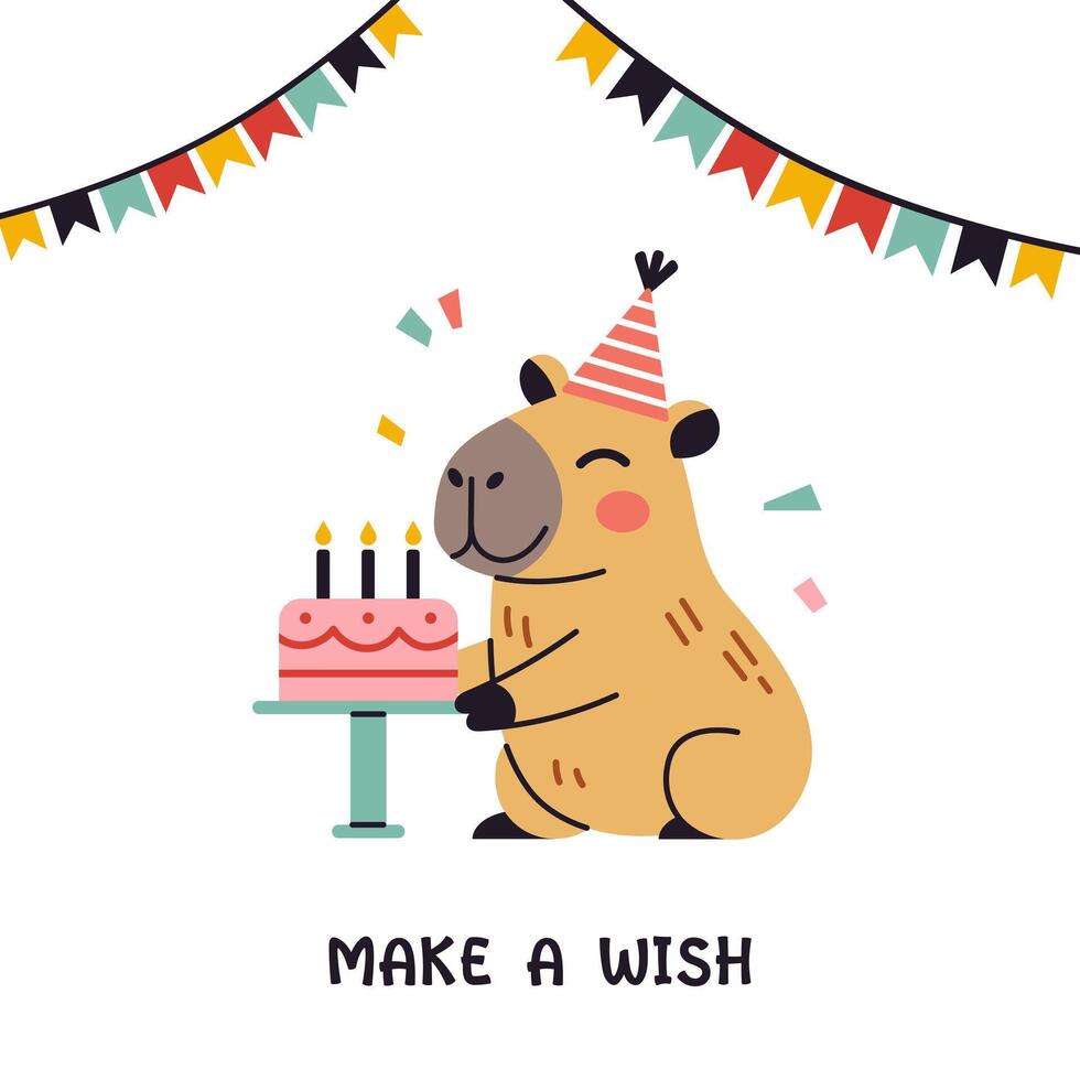 happy birthday greeting card with make a wish text. Poster with cute capybara and bunting flags in flat design. Festive postcard. Greeting card illustration with cute capybara. vector